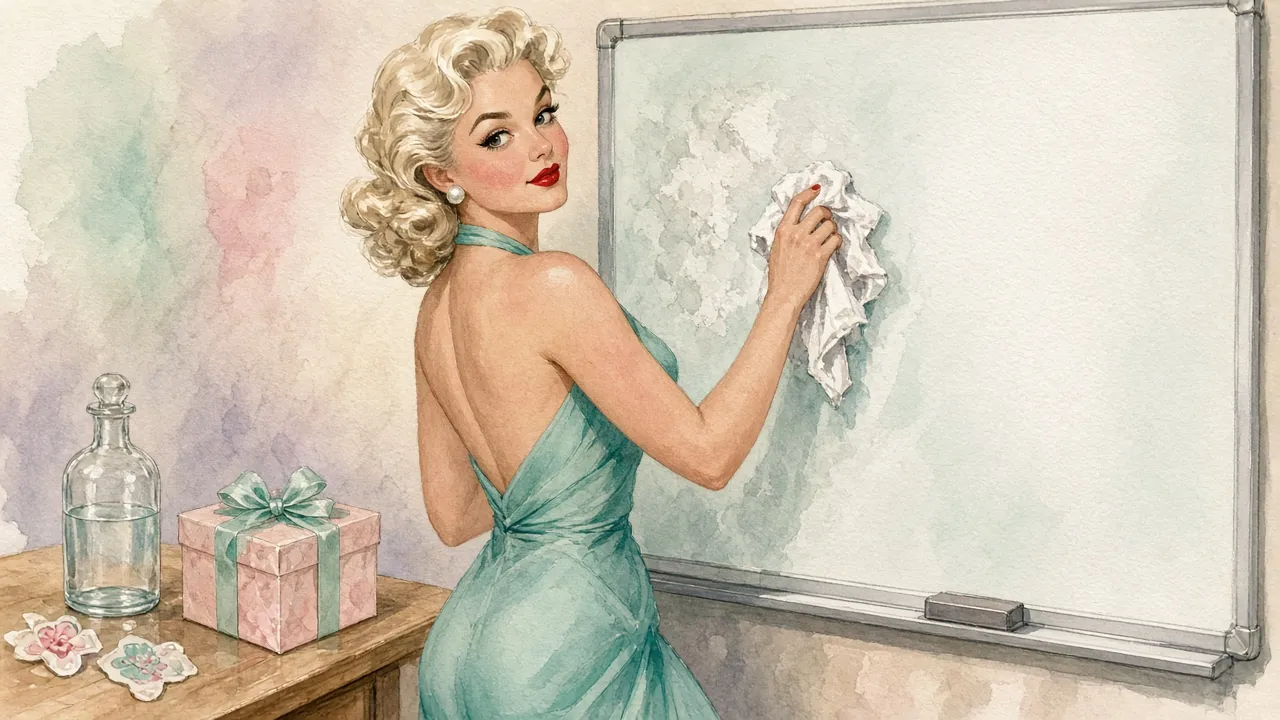 A 1950s Vargas-style watercolor pin-up of a platinum-blonde woman with red lipstick in a seafoam green halter dress, wiping ghost marker stains off a whiteboard with a cloth while a clear acetone bottle and peeled stickers sit on a nearby table; soft studio lighting, no text.