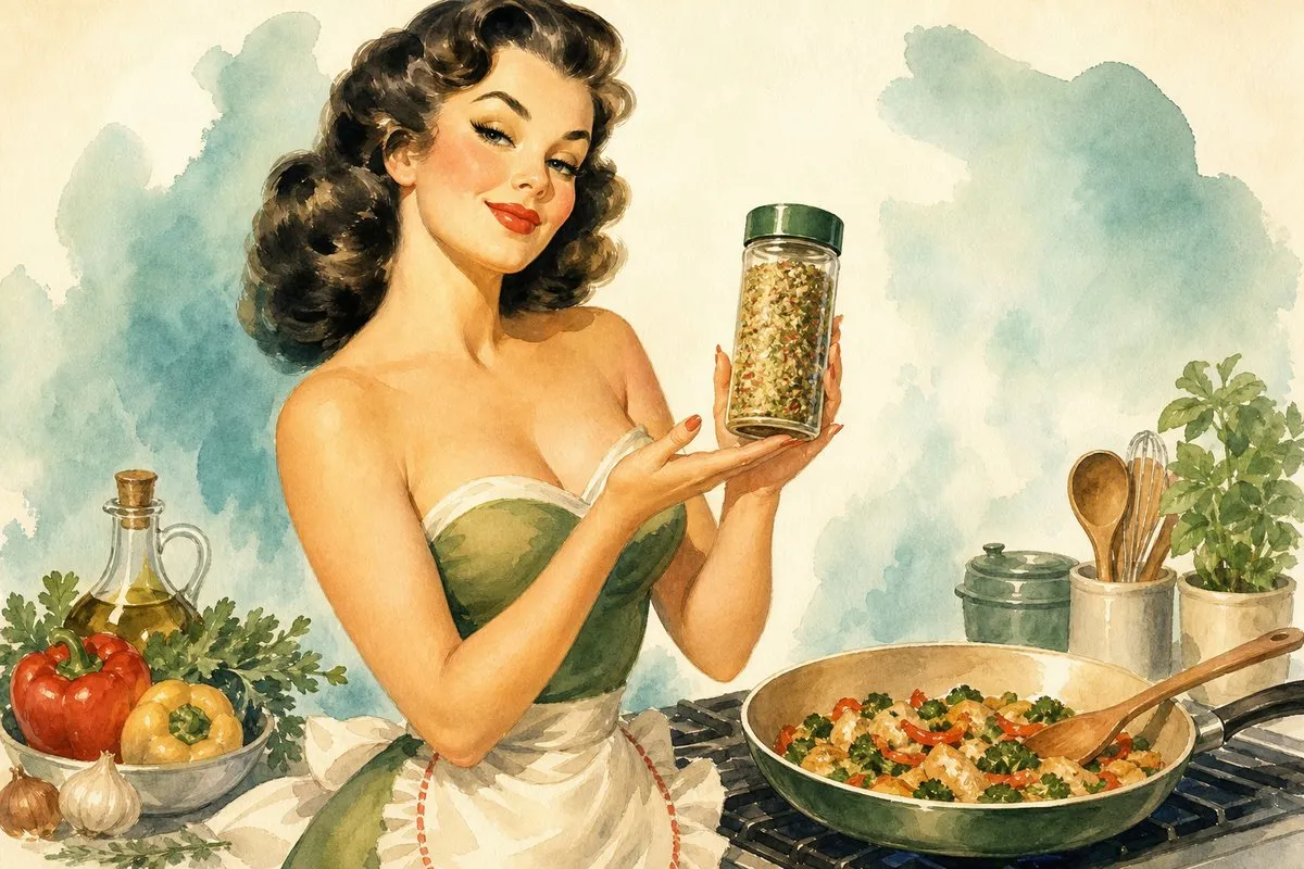 A 1950s retro watercolor pin-up of a smiling brunette woman in a green strapless dress and white apron holding up a green-lidded jar of mixed seasoning beside a stovetop skillet of colorful vegetables, peppers, herbs, oil, and wooden utensils against soft teal washes.