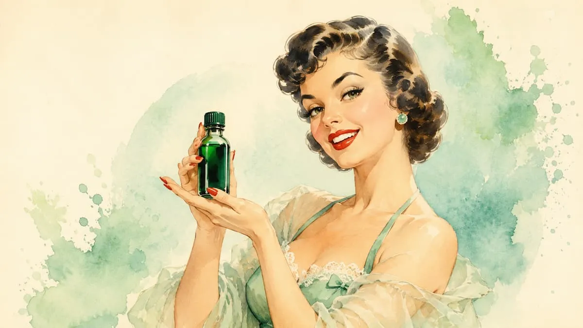 Watercolor-style 1950s pin-up woman smiling while holding a small green antiseptic dye bottle against a soft mint and cream background. 