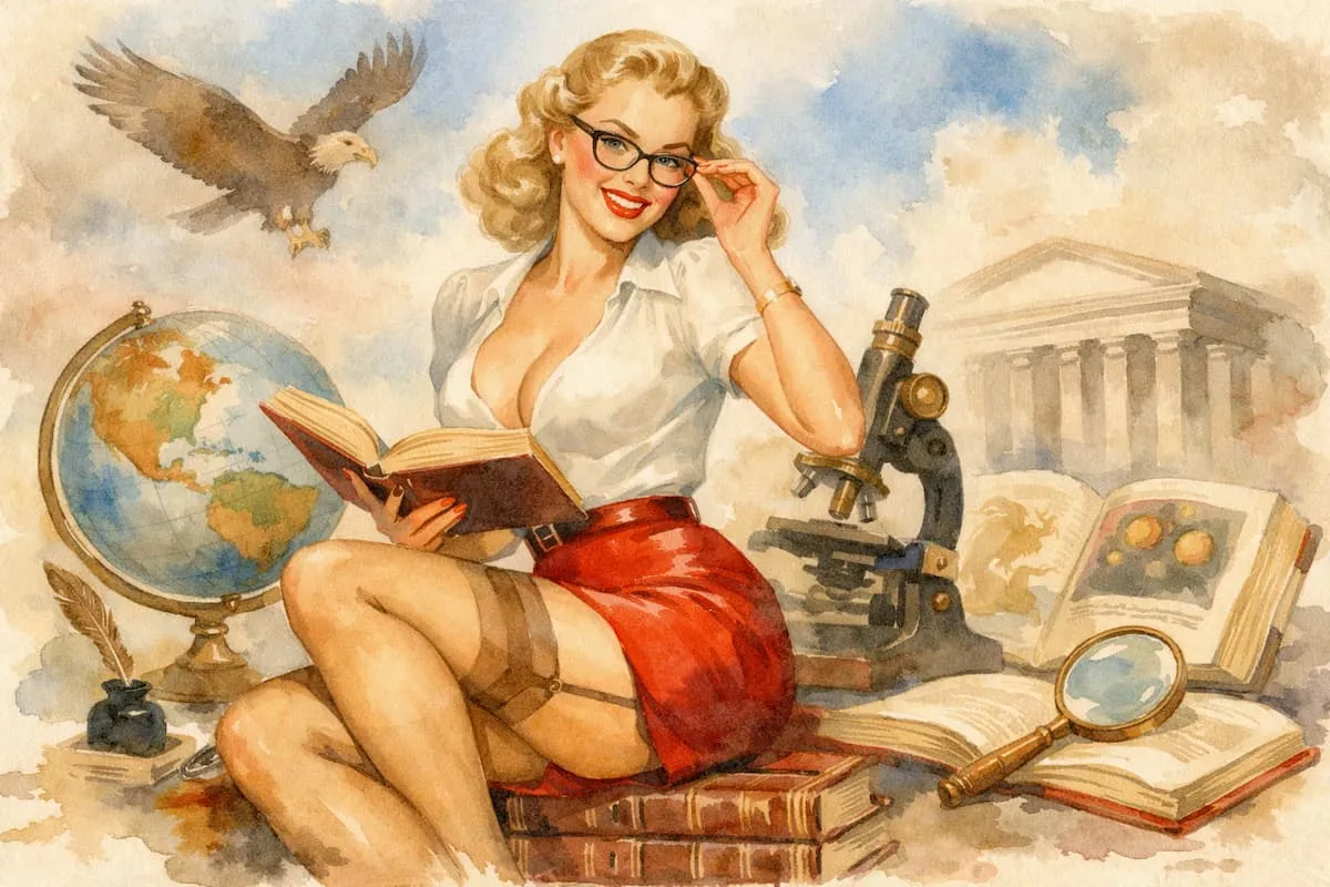 Watercolor-style 1950s retro pin-up illustration of a smiling woman in a vintage librarian outfit, sitting on a stack of classic encyclopedias while reading a book, surrounded by research objects like a globe and magnifying glass, in a warm, nostalgic setting. 