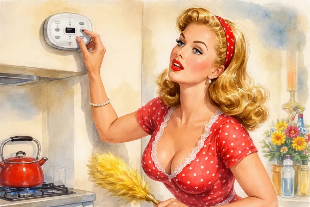 1950s-style watercolor illustration of a glamorous retro housewife in a red polka-dot dress adjusting a wall-mounted carbon monoxide detector in a vintage kitchen, with a kettle on the stove and flowers in the background.