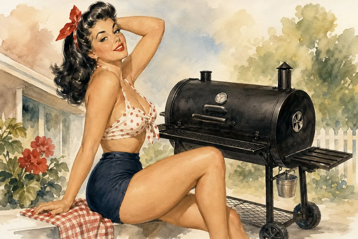 A 1950s retro pin-up watercolor illustration of a smiling brunette with a red hair ribbon, wearing a red polka-dot bikini top and high-waisted blue shorts, sitting on a red gingham cloth beside a black barrel-style charcoal grill with cast iron grates, wood side shelves, and a hanging metal bucket, set against a watercolor backdrop of geraniums and a white picket fence.