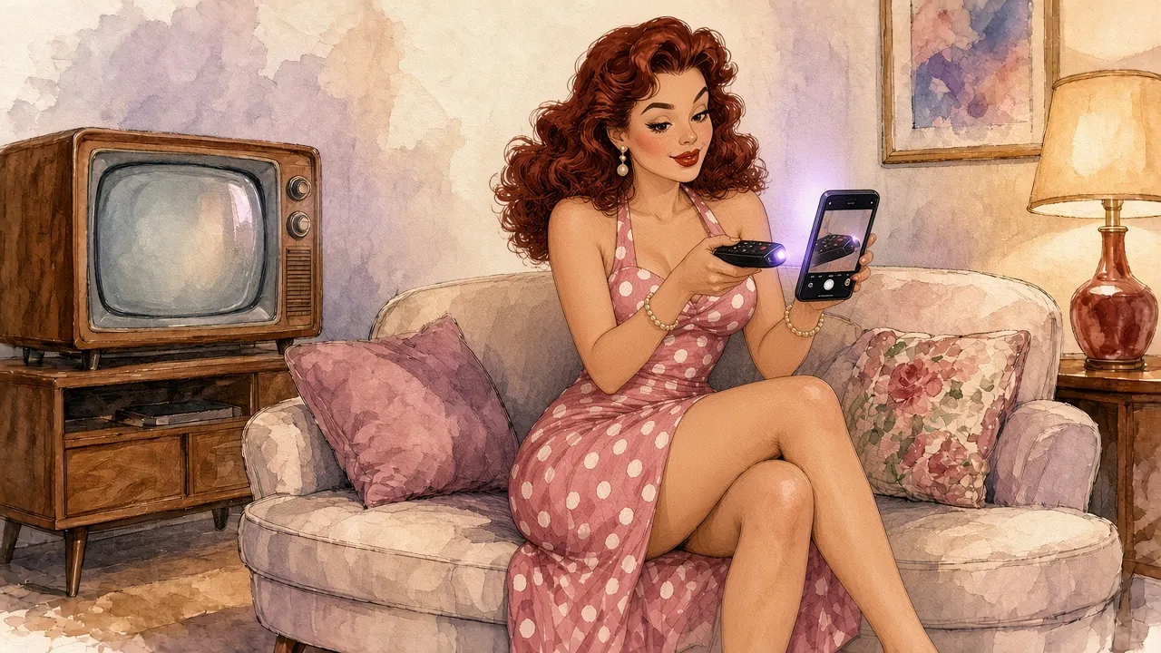 A 1950s pin-up style watercolor of a woman with vibrant auburn waves and red lipstick in a sleeveless purple dress, seated on a magenta armchair and holding a black camera toward herself, with a warm vanity lamp glow and dark curtains in a soft-focus living room.