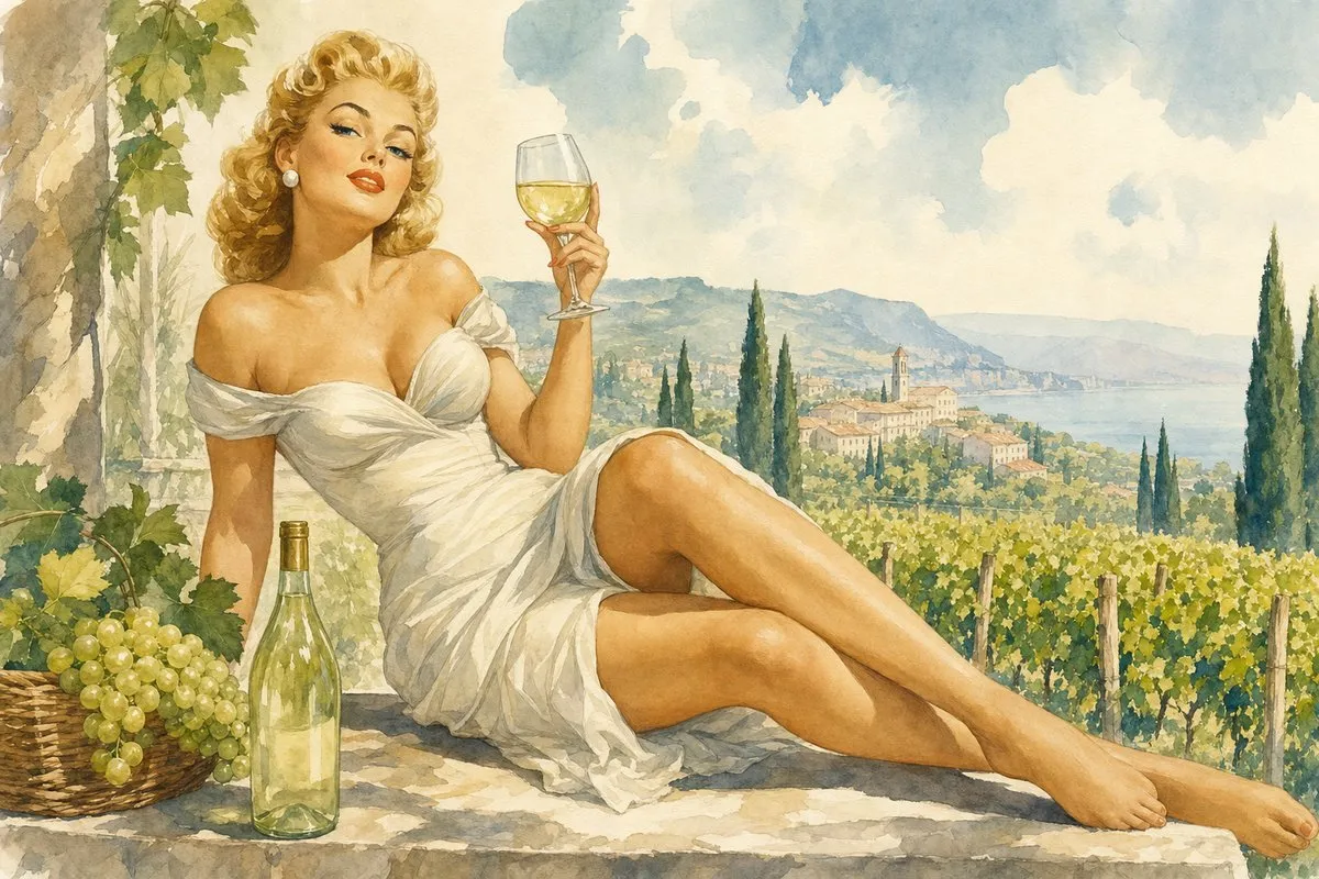 A 1950s retro pin-up watercolor of a curly blonde woman with red lipstick and pearl earrings, wearing an off-the-shoulder white dress, reclining on a stone ledge while holding up a glass of pale golden white wine, with a clear green wine bottle and a wicker basket of green grapes beside her, overlooking an Italian vineyard with cypress trees, terracotta-roofed hilltop village, and a blue lake in the distance.