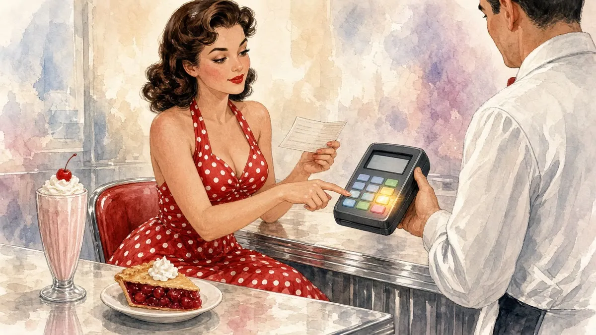 A 1950s Vargas-style watercolor pin-up of a chestnut-brunette woman with red lipstick in a red polka-dot halter sundress at a retro diner counter, holding the paper check in one hand and tapping the custom-amount keypad on a card terminal a waiter holds out, ignoring the highlighted pre-selected tip button on its screen; a strawberry milkshake and a slice of cherry pie sit on the counter, no text.