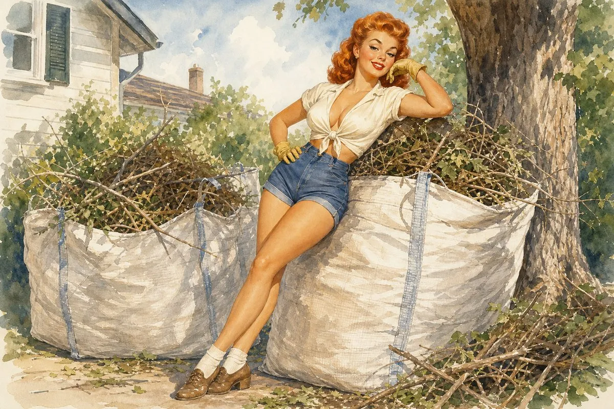 A retro 1950s watercolor pin-up of a red-haired woman in a white tied blouse, denim shorts, yellow work gloves, and brown shoes with white socks, leaning against large white woven contractor cleanup bags filled with yard branches near a tree and house.