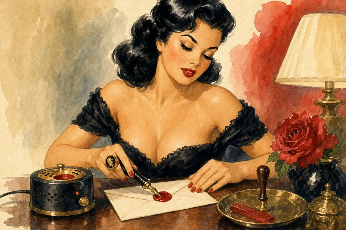 A glamorous pin-up style woman with voluminous black curls and red lips, dressed in an elegant black lace top, is depicted writing a letter with a quill and sealing it with wax in a warm, retro 1950s watercolor style, surrounded by a decorative lamp, a rose, and an inkwell.