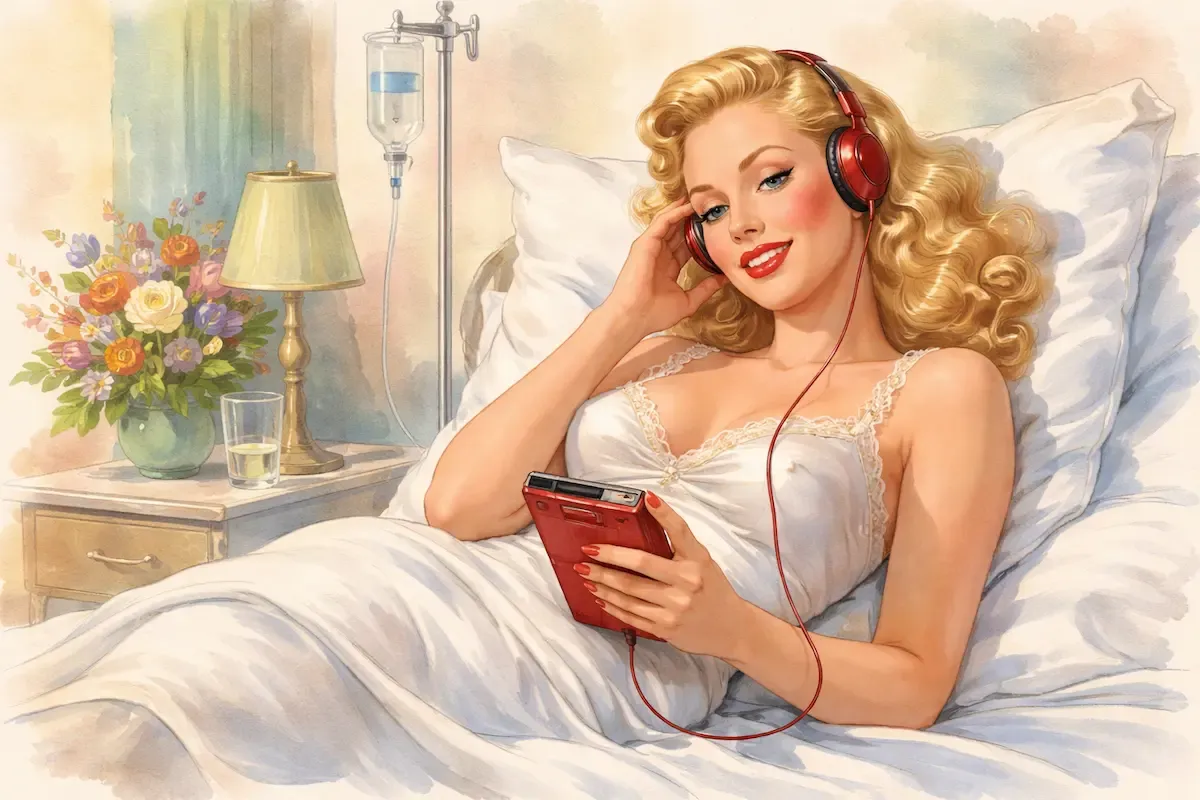 A 1950s retro pin-up style watercolor illustration of a glamorous blonde woman reclining in a hospital bed, smiling as she listens to an audiobook through red headphones, with a bedside table holding flowers, a lamp, and a glass of water, and an IV stand in the background.