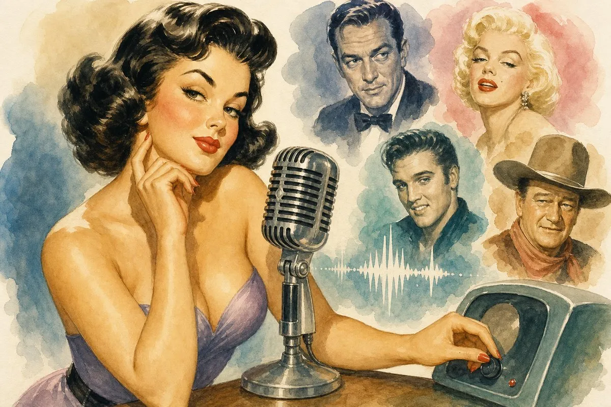 A 1950s watercolor pin-up of a glossy black-haired woman in a lavender dress posed beside a vintage microphone and retro radio, with soft nostalgic hues.