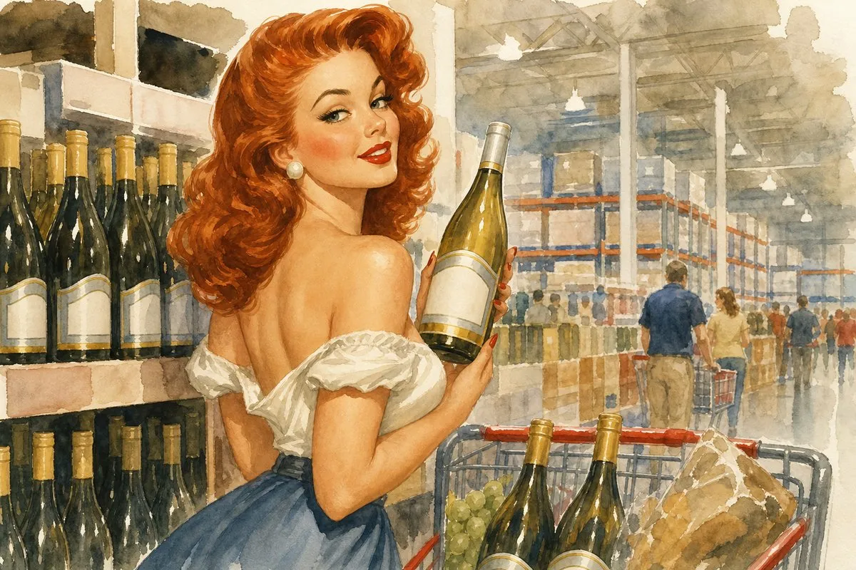 A glamorous pin-up style woman with vibrant red hair and a playful expression is dressed in a white off-the-shoulder top and a blue skirt, holding a bottle of wine amidst a background of blurred shoppers in a warehouse setting, all rendered in a soft, retro watercolor style reminiscent of the 1950s.