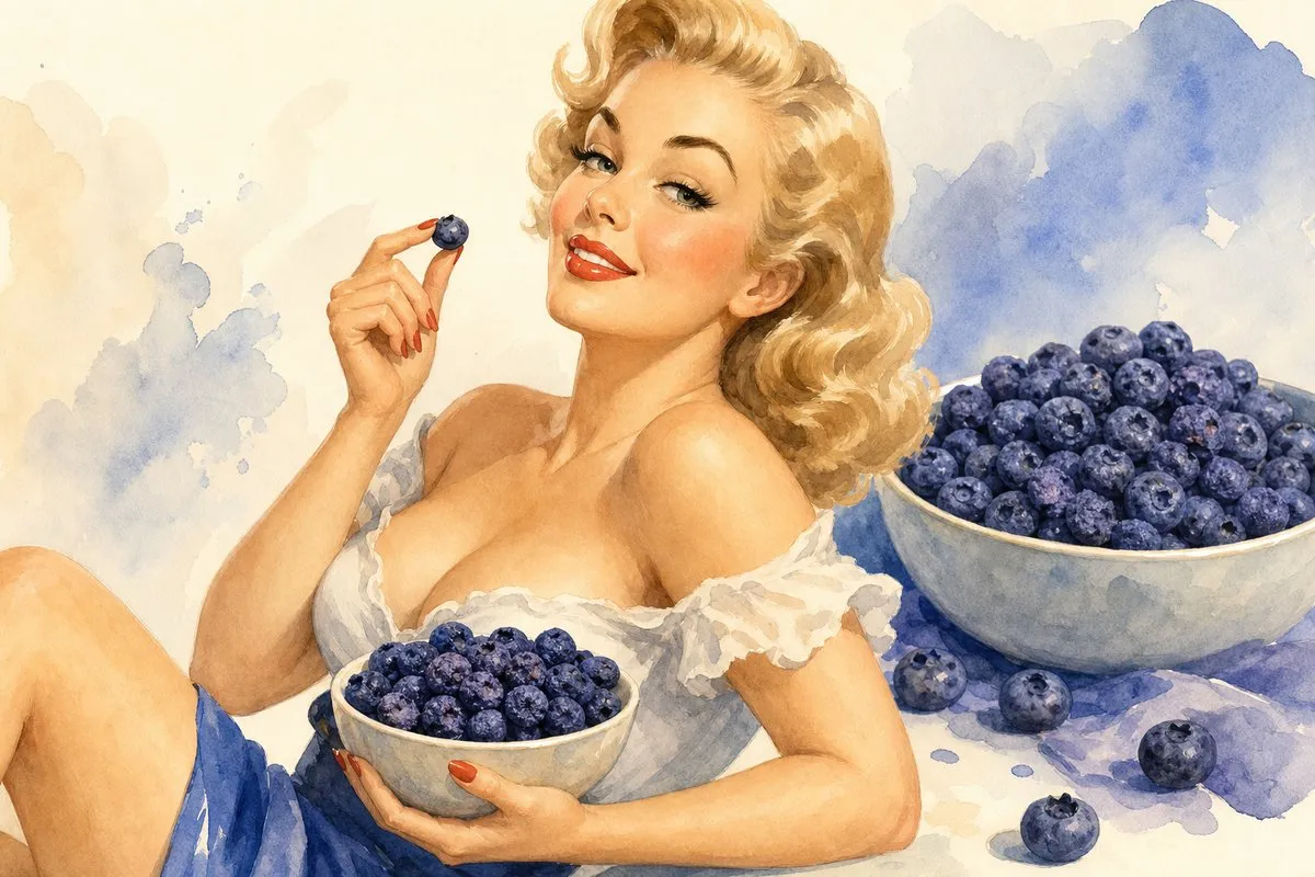 A 1950s retro watercolor pin-up of a smiling blonde woman in a white ruffled blouse and blue skirt holding a blueberry beside bowls overflowing with deep-blue freeze-dried blueberries against soft blue and lavender washes.
