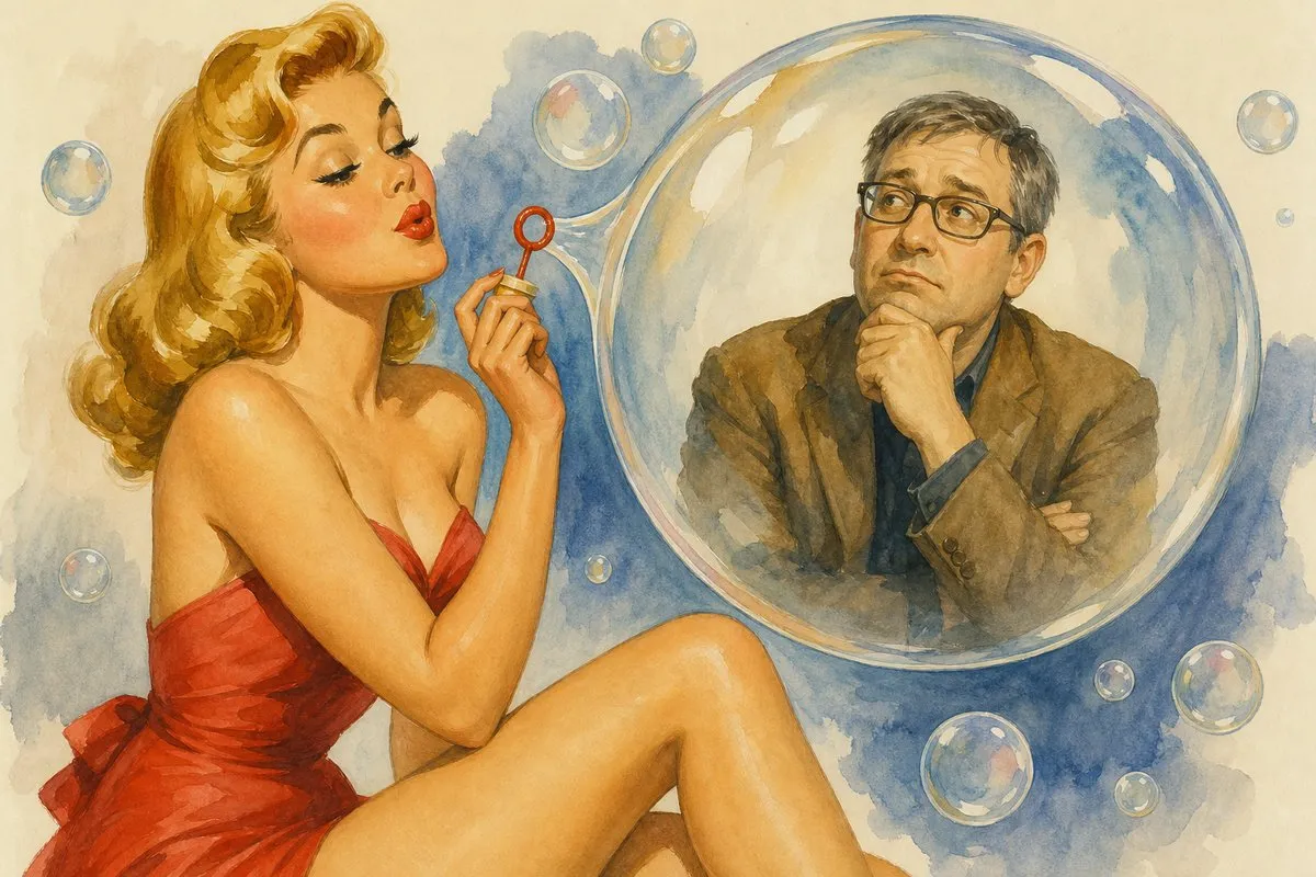 A 1950s watercolor-style blonde woman in a red strapless dress blows bubbles with a red wand while a bespectacled gray-haired man in a brown jacket appears thoughtfully inside a large translucent bubble against a blue-and-cream background.