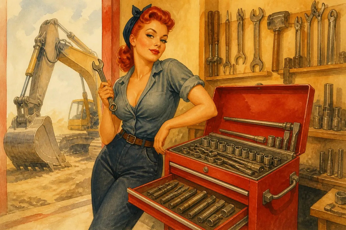 A red-haired woman in a blue work jumpsuit and black headscarf holds a wrench beside an open red tool chest full of sockets, with rows of hand tools on the workshop wall and an excavator outside the doorway.