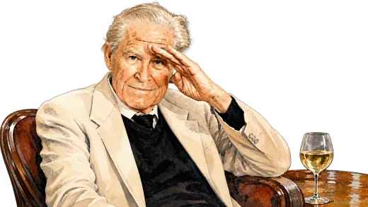 Watercolor portrait of John C. Dvorak seated in a leather armchair, hand raised to his forehead, beside a glass of white wine.