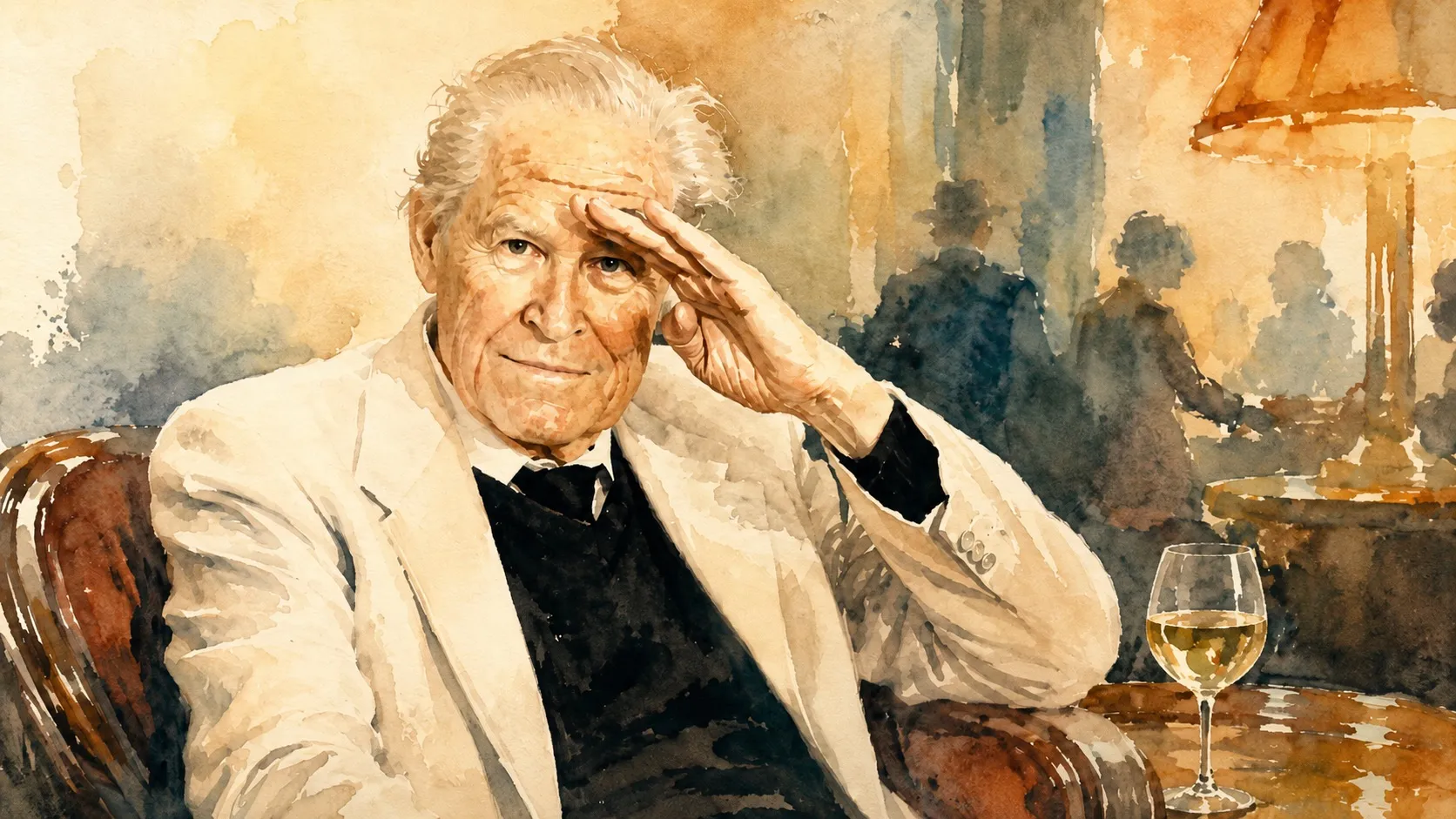 Watercolor-style memorial portrait of John C. Dvorak, seated in a warm 1950s lounge, raising a hand to his forehead beside a glass of white wine.