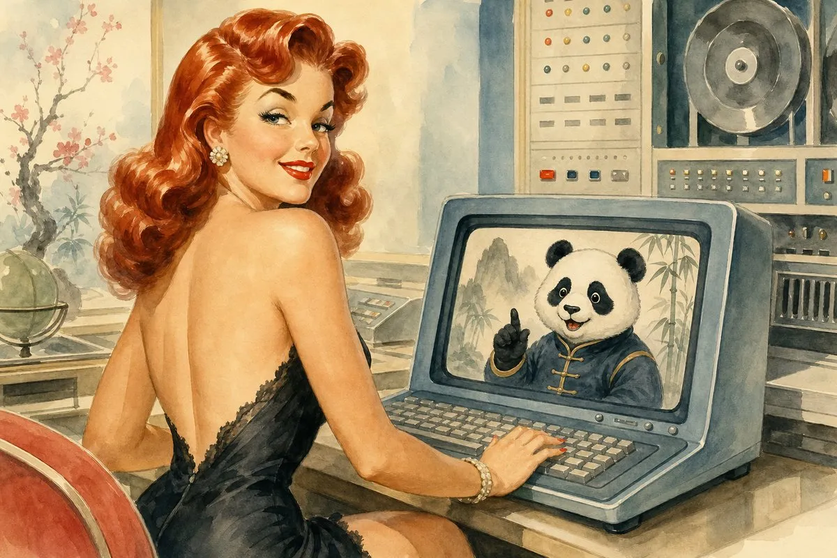 A vibrant pin-up style illustration in a 1950s watercolor aesthetic features a woman with glossy red hair styled in waves, wearing a sleek black dress with a low back, seated at a retro computer while playfully engaging with a cheerful panda character displayed on the screen, surrounded by soft pastel colors and nostalgic decor.