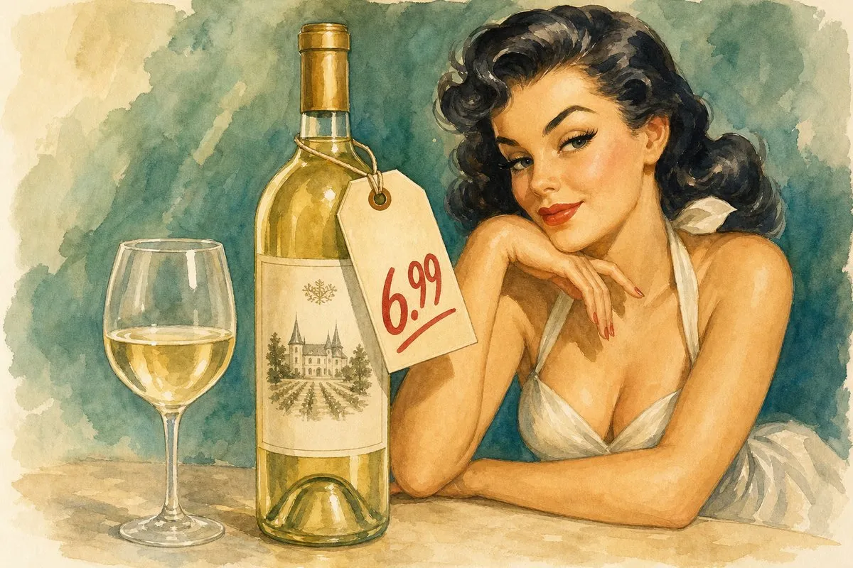 A 1950s retro pin-up watercolor of a smiling brunette in a white halter dress, leaning on her arm beside a green wine bottle with a chateau label and a paper price tag reading 6.99, with a glass of pale white wine on the table, against a teal-green background.
