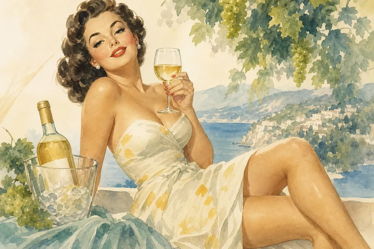 A 1950s watercolor-style brunette woman in a cream-and-yellow strapless summer dress lounges by the coast holding a glass of pale Moscato, with a chilled wine bottle in an ice bucket, green grapes, leafy vines, blue water, and hillside buildings in the background.