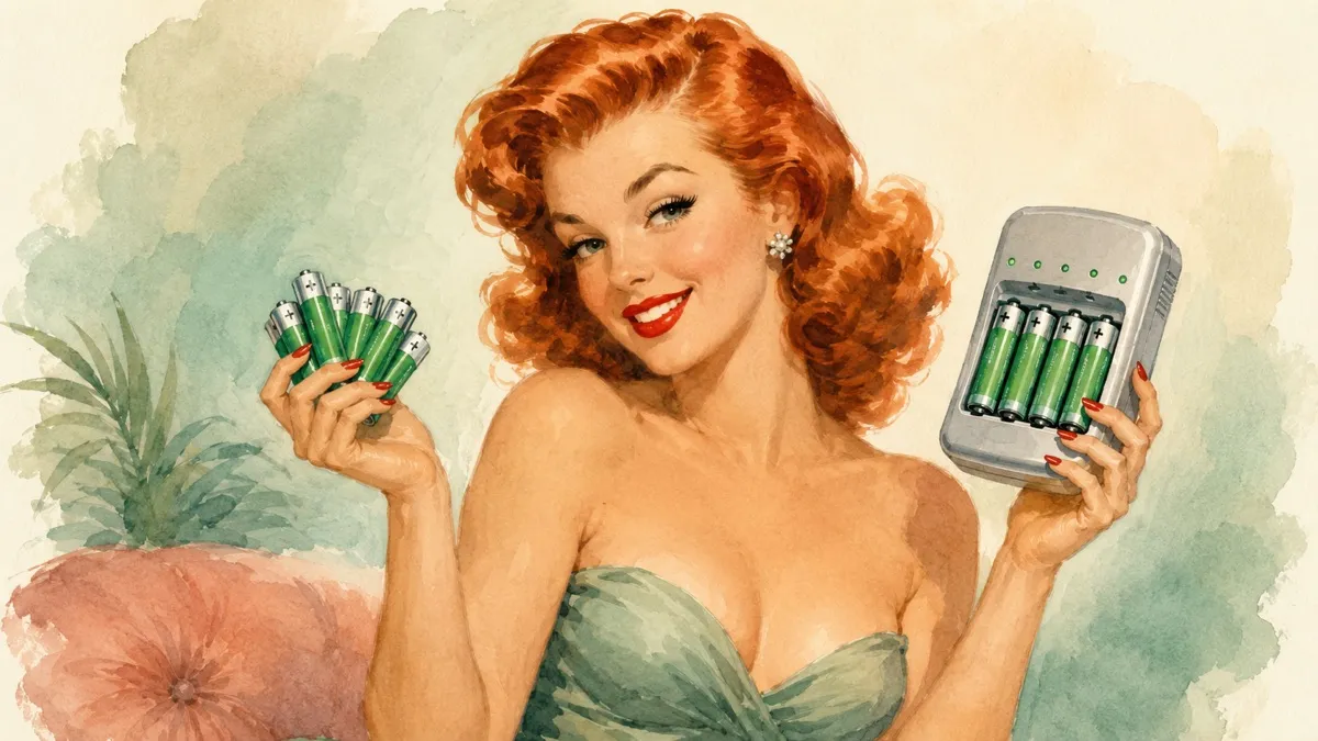 Red-haired retro pin-up woman in a watercolor 1950s illustration style, smiling while holding rechargeable AA batteries in one hand and a battery charger with batteries inserted in the other.