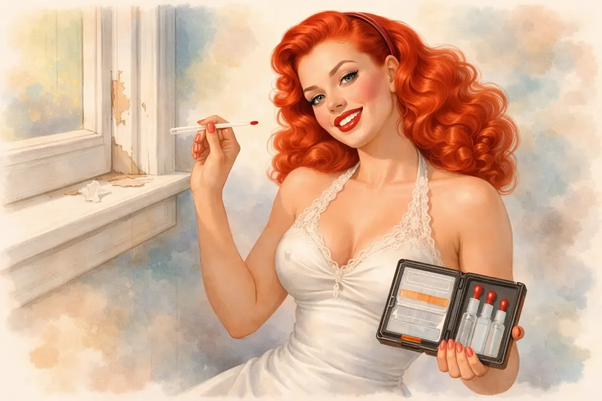 A retro watercolor-style pin-up illustration of a smiling blonde woman with voluminous curls, wearing a white lace dress, holding a lead testing swab near a chipped windowsill with peeling paint. In her other hand, she displays an open test kit with multiple swabs, while soft pastel tones and a vintage aesthetic give the scene a classic 1950s feel.