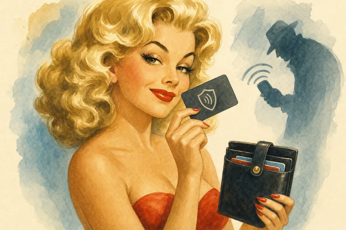 A glamorous 1950s pin-up style character with voluminous blonde curls and bold red lips, wearing a strapless red dress, holds a black wallet in one hand while displaying a card with a shield logo, set against a soft watercolor background featuring a shadowy figure of a person with a phone.