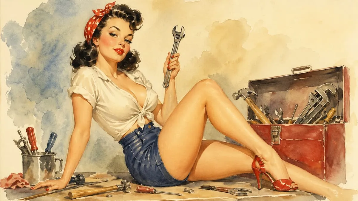 A 1950s retro pin-up style watercolor illustration of a confident woman in a workshop, reclining beside an open toolbox filled with hand tools. She wears a tied blouse, high-waisted shorts, red heels, and a polka-dot headscarf, holding a wrench while surrounded by scattered tools, with a soft, vintage-inspired painted background. 