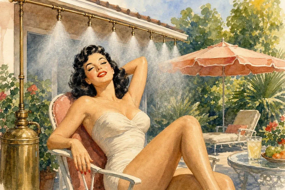 A glamorous pin-up style character with wavy black hair lounges in a pink chair wearing a form-fitting white swimsuit, surrounded by greenery and a retro umbrella, with a gold water mister overhead, a refreshing drink on a table beside her, all depicted in soft 1950s-inspired watercolor hues.