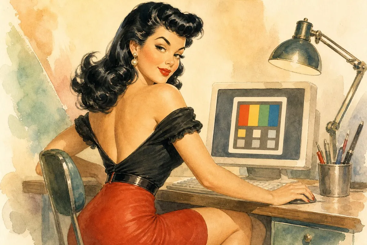 A 1950s retro pin-up watercolor of a black-haired woman with vintage curls, red lipstick, and pearl earrings, wearing a black off-the-shoulder top and a red pencil skirt, seated at a wooden desk and looking back over her shoulder with her hand on a computer mouse, beside a beige CRT monitor displaying red, yellow, green, and blue color blocks, a vintage desk lamp, and a metal cup of pens and pencils.