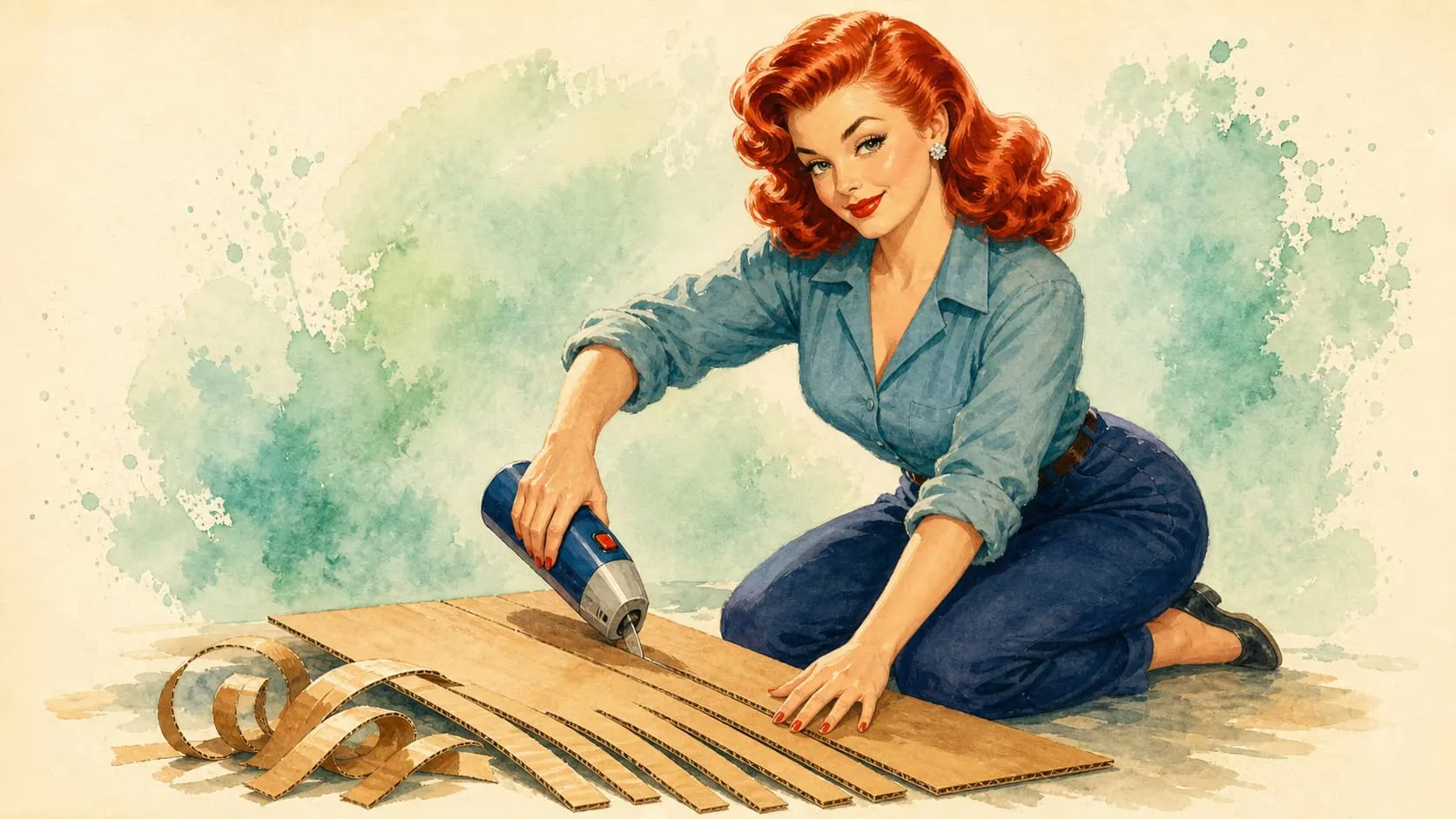Red-haired woman in 1950s retro pin-up style using a motorized cardboard cutter to slice cardboard into strips, with soft watercolor splashes in the background.