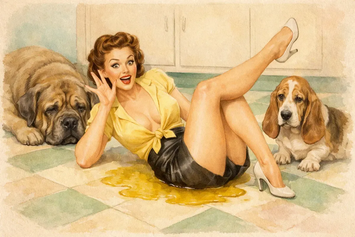 A playful 1950s retro pin-up style illustration of a glamorous woman with curled hair and red lipstick, lying on a vintage kitchen floor in a small puddle, reacting with exaggerated surprise. Beside her are two elderly dogs—a droopy-faced mastiff and a sad-eyed basset hound—adding to the humorous, lighthearted scene. The image features soft watercolor textures, pastel tones, and a warm vintage color palette.