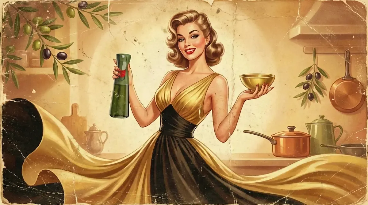 A woman holding a Flarosol olive oil sprayer