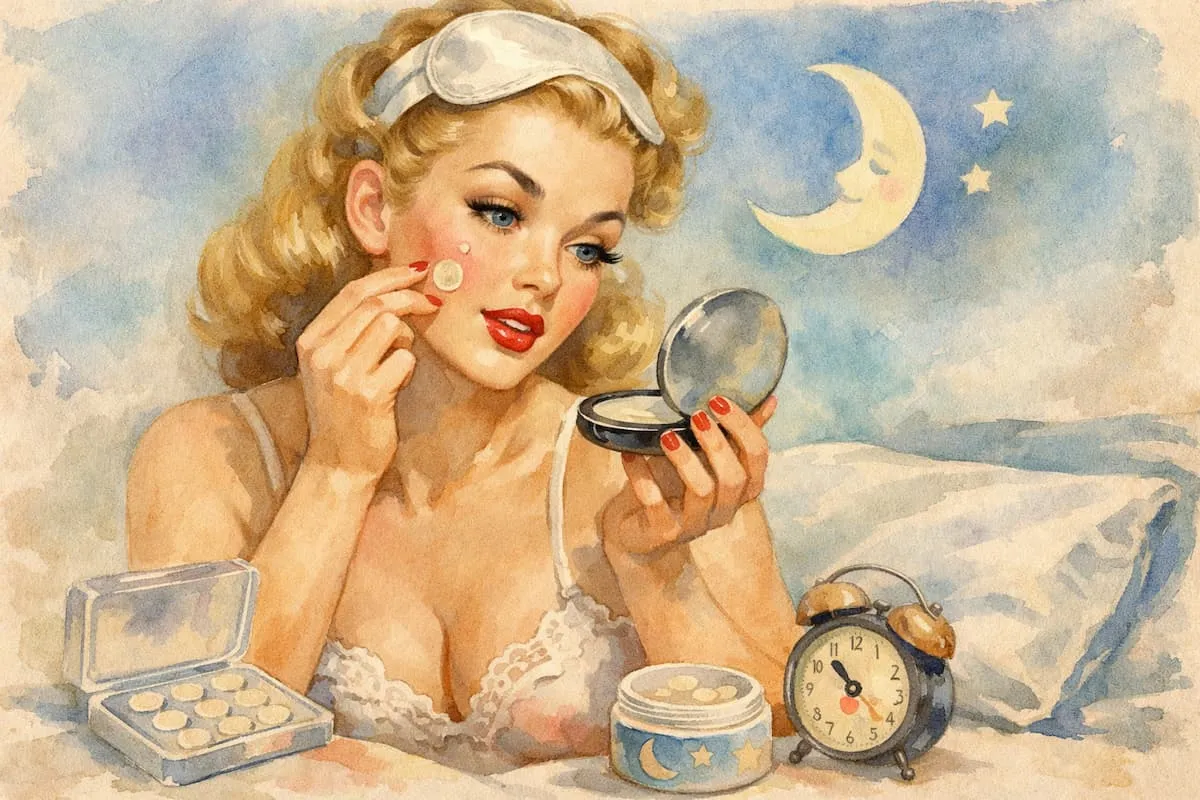 Retro 1950s pin-up style watercolor illustration of a woman in a nightgown sitting in bed applying a small pimple patch to her cheek while looking in a compact mirror, with skincare jars and an alarm clock on the bedside table under a moonlit night sky.