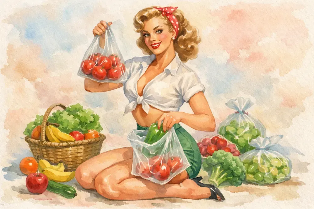 a woman holding plastic produce bags with vegetables