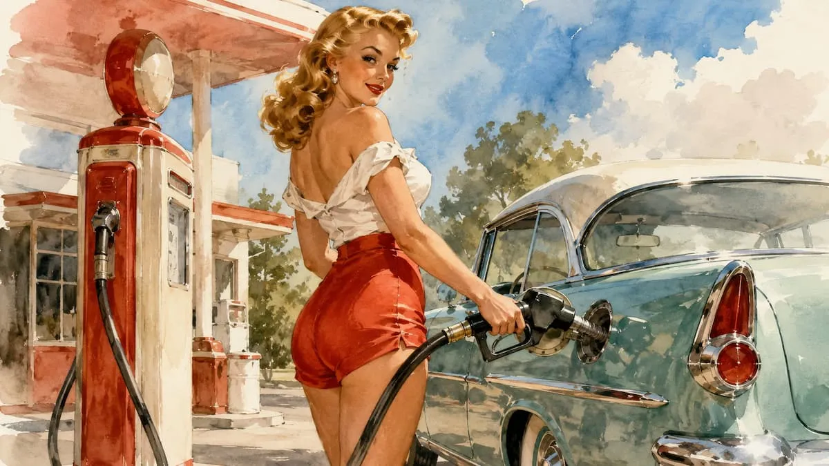 Retro watercolor illustration of a glamorous 1950s pin-up woman filling a classic turquoise car with gas at a vintage tank station.