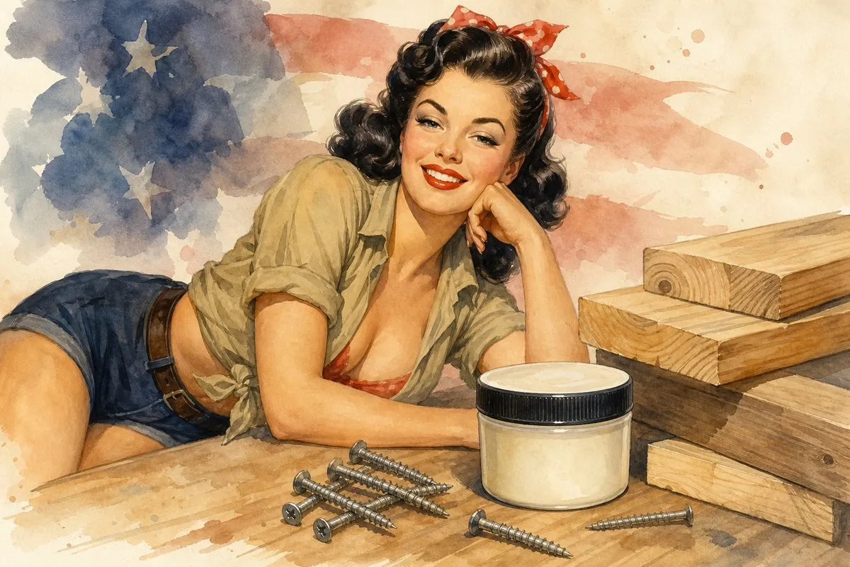 A 1950s retro watercolor pin-up of a smiling dark-haired woman with a red polka-dot hair bow, tan tied work shirt, and denim shorts leaning on a wooden workbench beside a black-lidded jar of lubricant, scattered silver screws, stacked lumber, and a soft red-white-and-blue flag wash in the background.