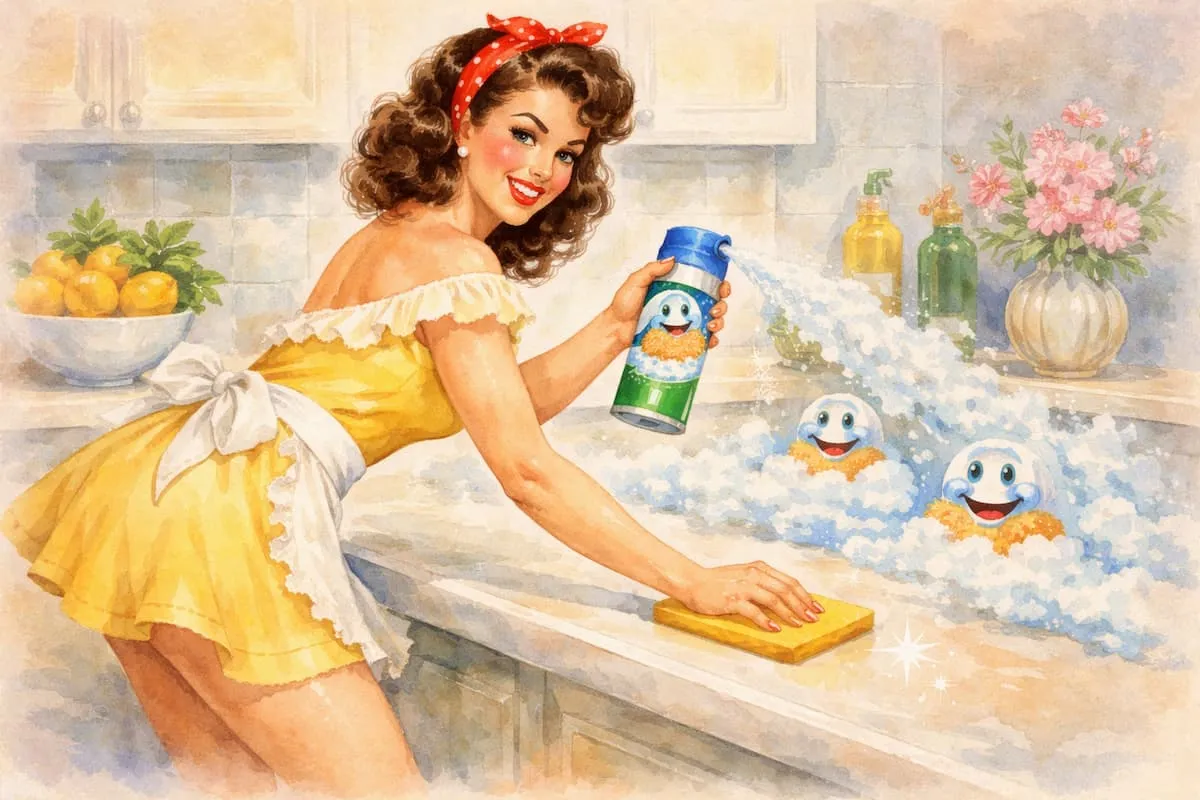 A retro 1950s pin-up style watercolor illustration of a smiling brunette woman with a red polka-dot headband, wearing a yellow off-shoulder dress and white apron, spraying a blue and green can of foaming bleach onto a kitchen countertop while three cheerful cartoon scrubbing bubble characters frolic in the suds, with a bowl of lemons and a vase of pink flowers in the background.