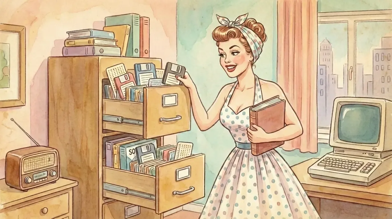 A woman going through a file cabinet with floppy disks
