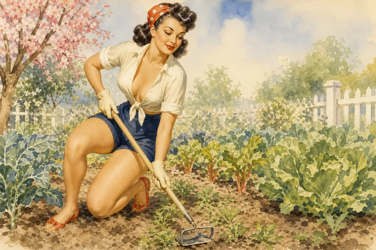 A 1950s retro pin-up watercolor of a dark-haired woman with red lipstick, a red polka-dot headscarf, and a knotted white blouse with denim shorts, kneeling barefoot in red sandals on the soil of a vegetable garden while using a stirrup hoe to weed between rows of green and red lettuces and chard, with a pink flowering cherry tree on the left and a white picket fence and leafy hedges in the background under a blue sky.