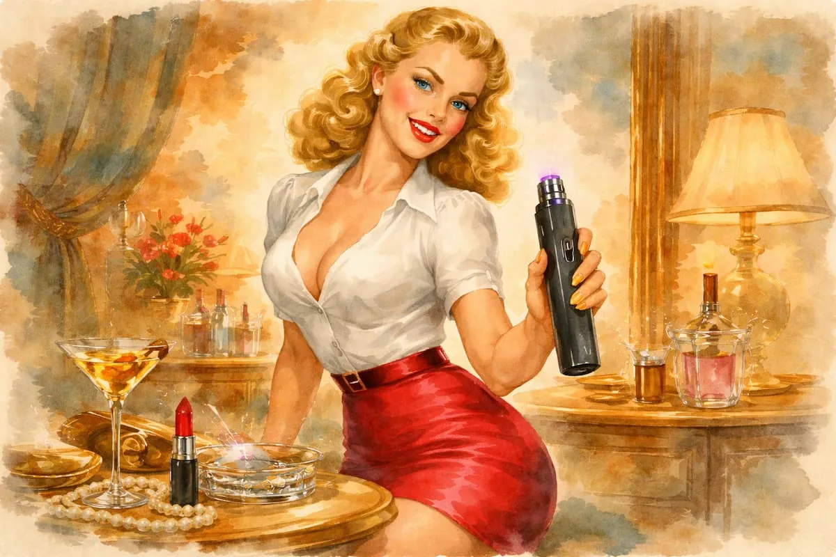 A retro 1950s pin-up style watercolor illustration of a smiling blonde woman in a white blouse and red skirt, holding a black electric arc lighter with a glowing purple plasma arc, standing at a table wih a cocktail glass, lipstick, and an ashtray with sparks.