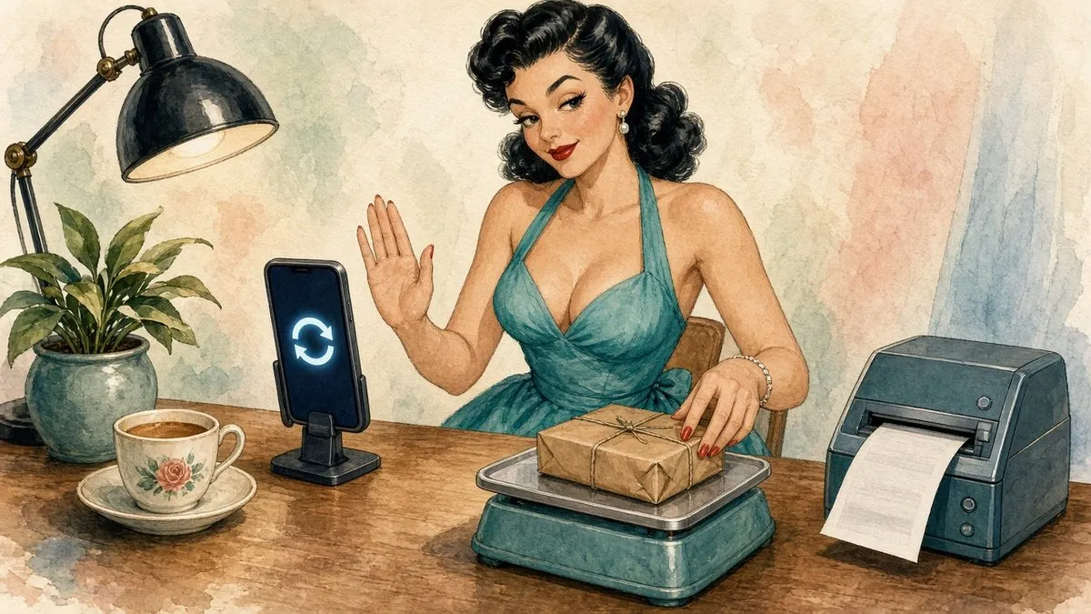 A 1950s Vargas-style watercolor pin-up of a jet-black-haired woman with red lipstick in a teal halter dress at a wooden desk, raising one hand to wave off a smartphone on a stand showing an update icon, while her other hand sets a brown-paper parcel on her own postal scale next to a label printer feeding out a shipping label; a desk lamp, potted plant and cup of coffee nearby, no text.