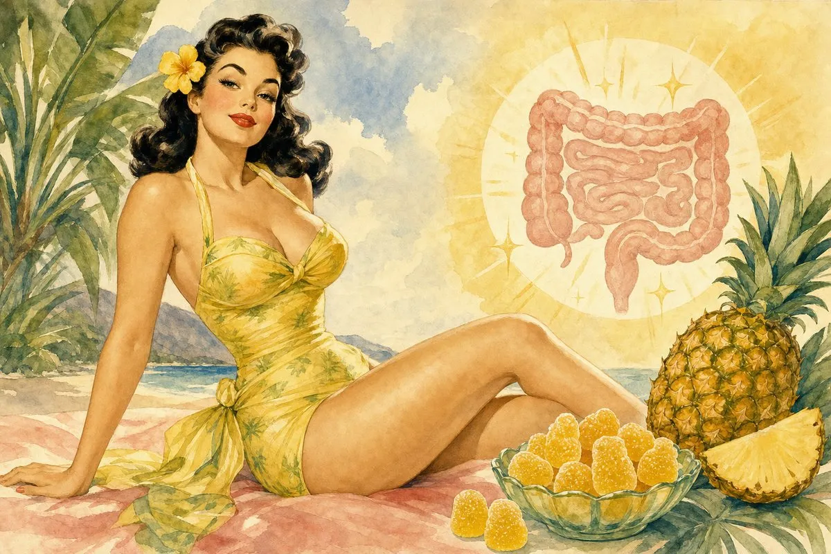 A 1950s watercolor-style brunette pin-up woman with a yellow flower in her hair lounges on a tropical beach in a yellow pineapple-print halter dress beside a glass bowl of golden gummies, a whole pineapple, pineapple slices, and a glowing digestive-system illustration in warm yellow light.