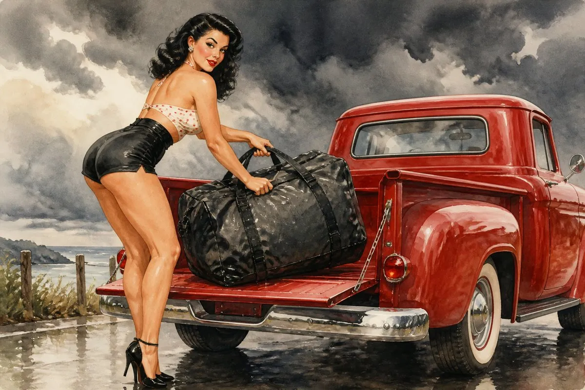 A pin-up style character with long black wavy hair, wearing a polka dot crop top and high-waisted black shorts, lifts a large black duffel bag out of the back of a bright red vintage pickup truck, set against a dramatic watercolor background of dark storm clouds and rolling landscape in a vibrant 1950s retro aesthetic.
