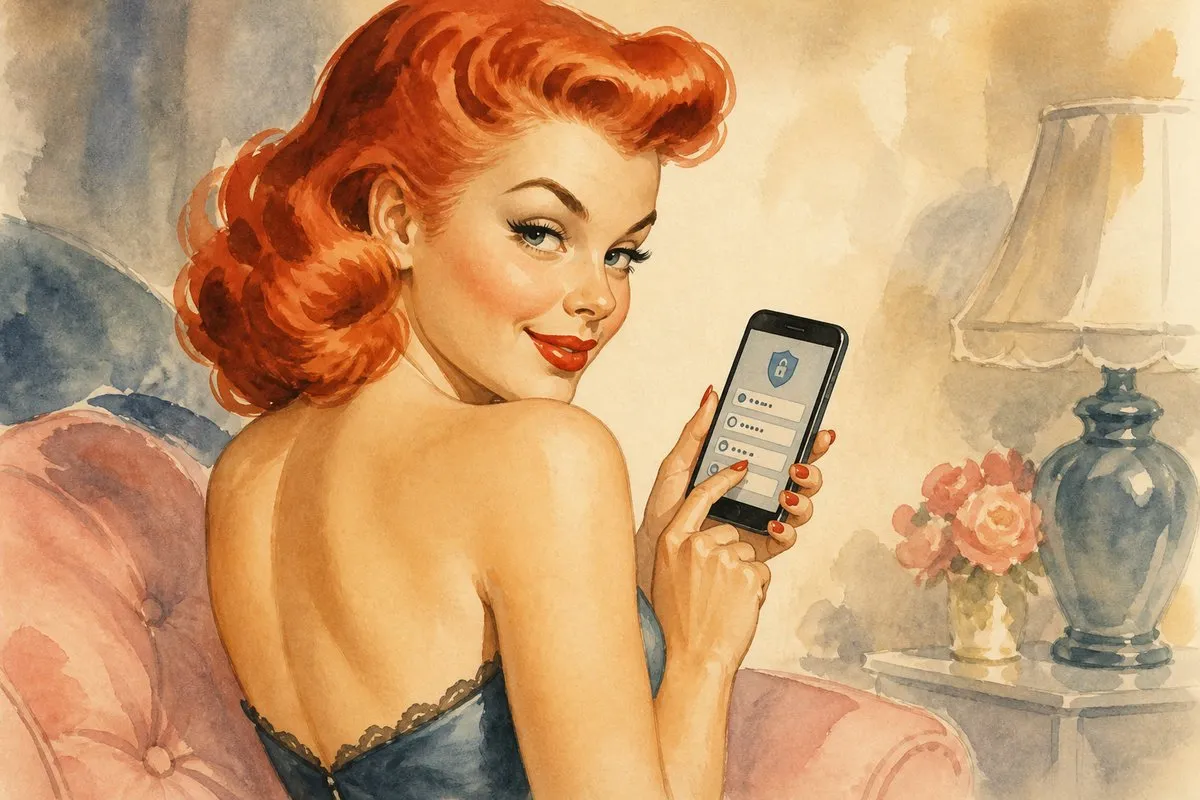 A 1950s pin-up style illustration of a woman with vibrant red voluminous curls wearing a lace-trimmed blue dress, holding a smartphone while seated on a pink lounge chair, with a vintage lamp and flower vase in the background, rendered in soft pastel watercolor.