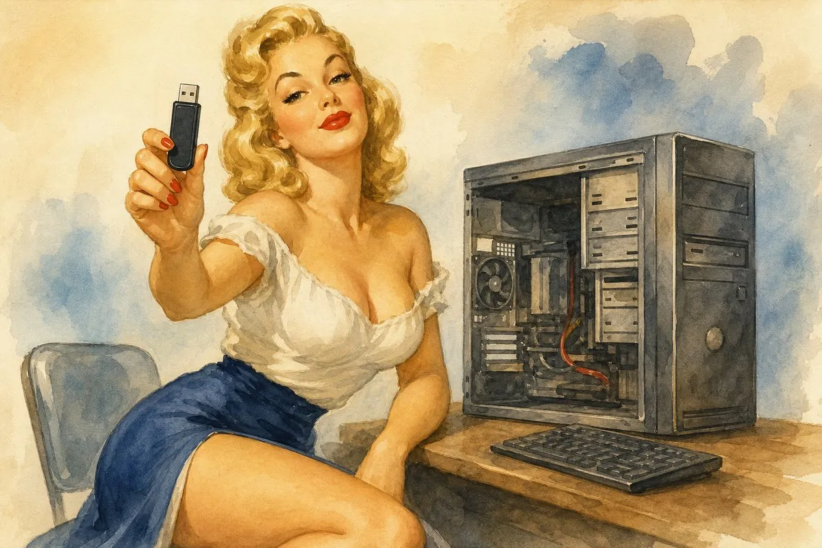 A 1950s retro pin-up watercolor illustration of a curly blonde woman with red lipstick and red nails, wearing an off-the-shoulder white blouse and a blue wrap skirt, seated next to a wooden desk while holding up a black USB flash drive toward an open silver-and-black tower desktop computer with visible internals and a keyboard, set against a soft watercolor sky-blue cloudy backdrop.