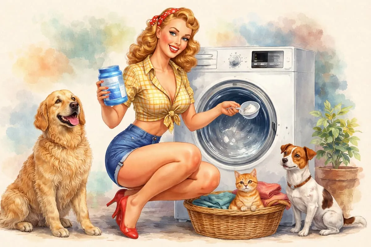 Retro 1950s pin-up style watercolor illustration of a smiling woman cleaning a front-loading washing machine, holding detergent and a scoop, with a golden retriever, a small terrier, and a kitten sitting beside a basket of laundry.