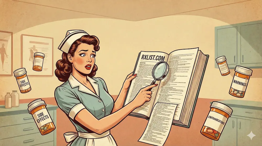 A 50s style illustration of a pharmasist woman looking at drug information