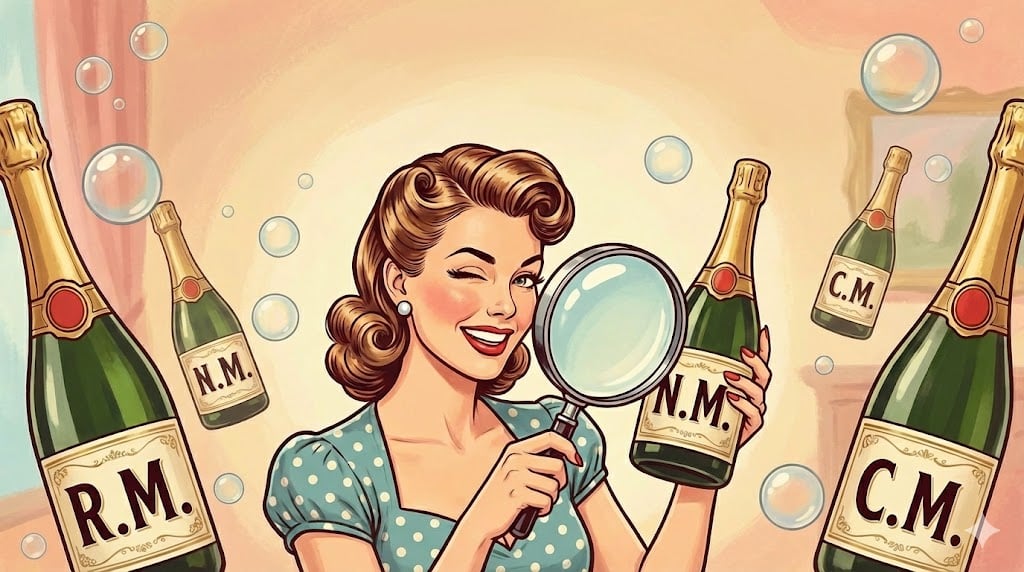 50's drawing of a girl with magnifiing glasses surrounded with champagne bottles