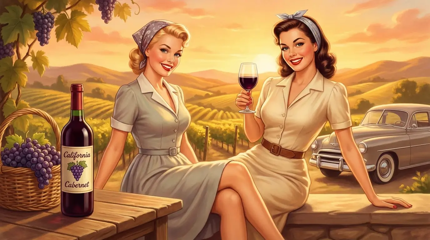 50's style illustration of two women enjoying a wine