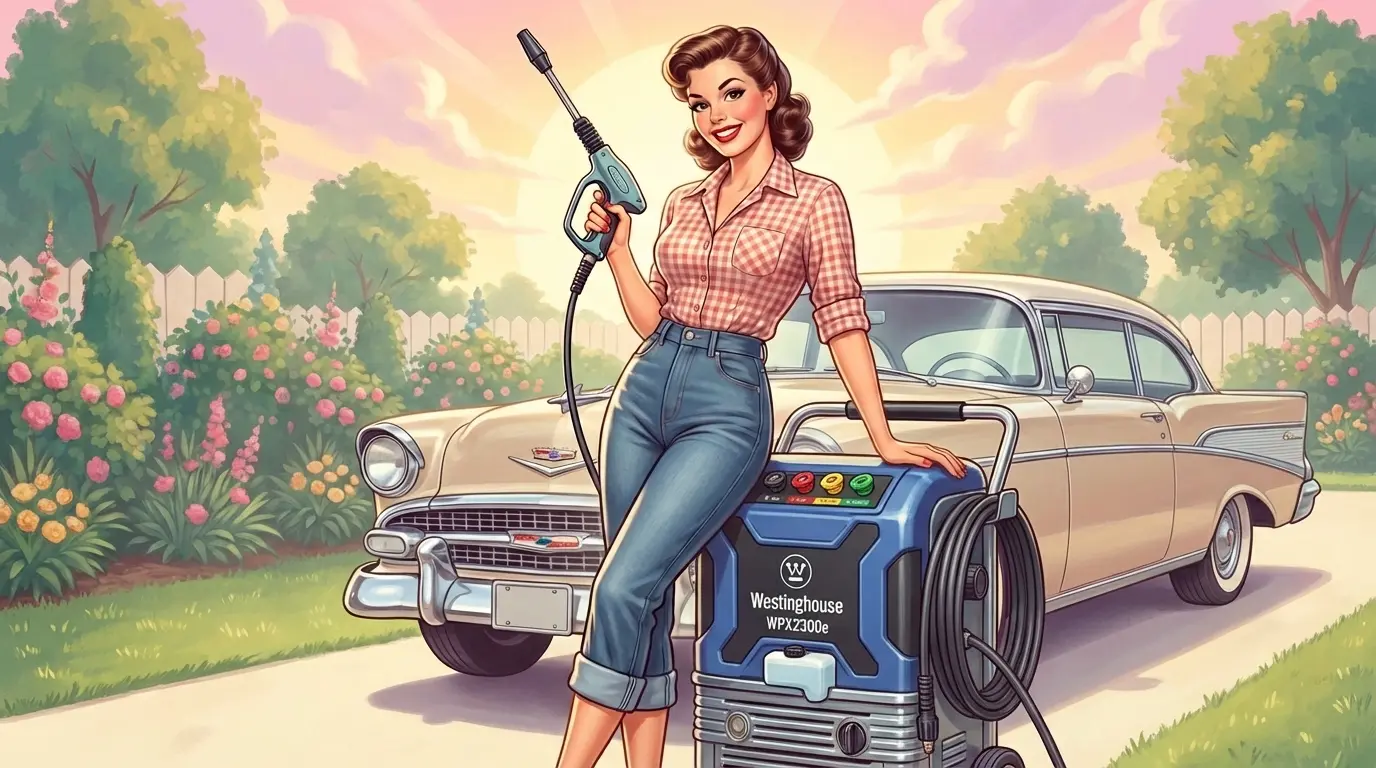 50's style illustration of a woman with an electric power washer