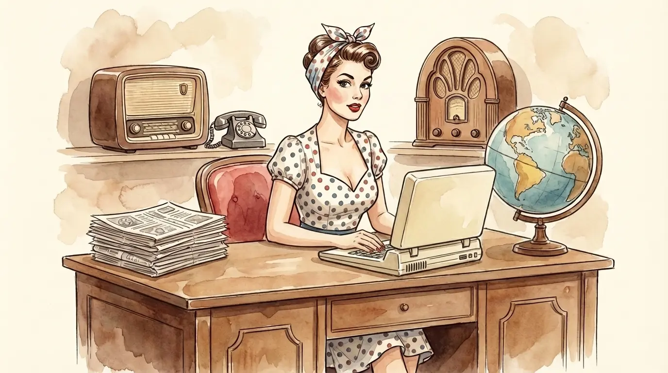 a 50s illustration of a woman working on a laptop